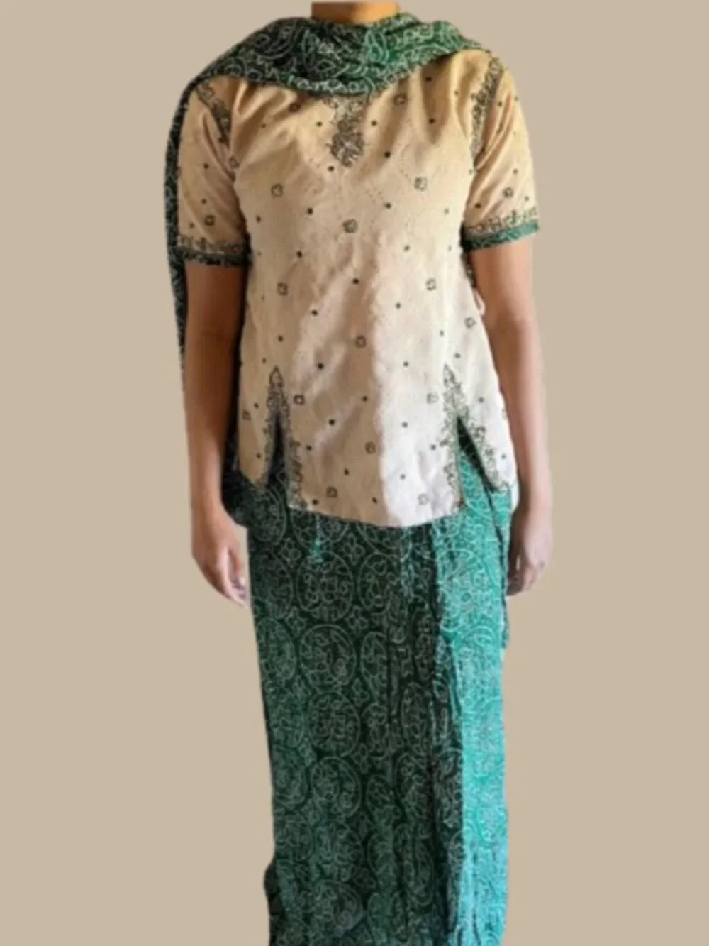Tan Green Bandhani Embroidered Lehenga corset style Indian Wedding mehndi choli